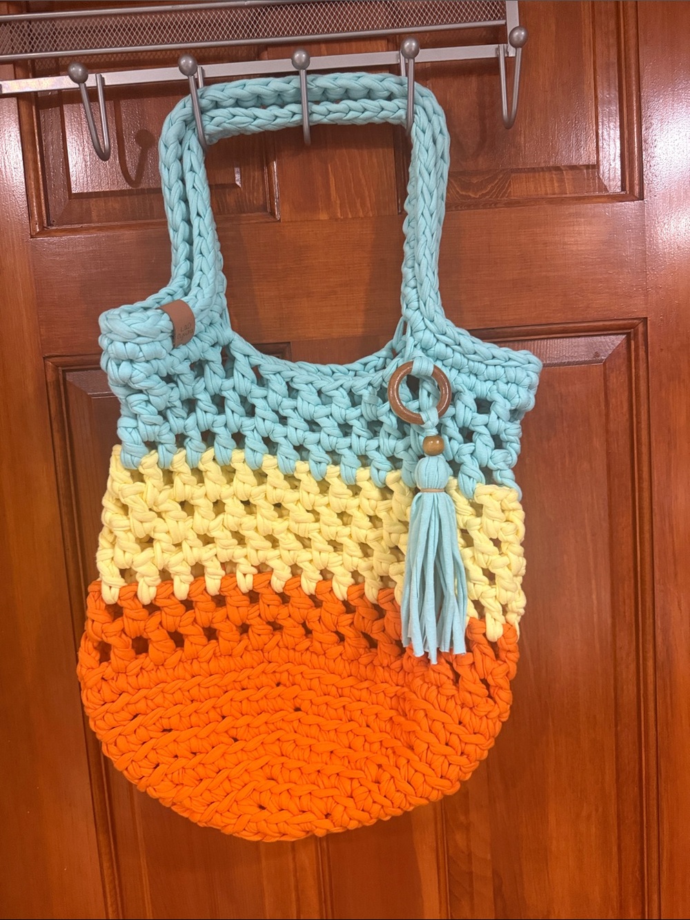Handcrafted Blue, Cream & Orange Crochet Tote Bag